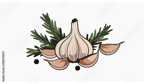 Decorative garlic, rosemary, and black peppercorns vector art for food branding