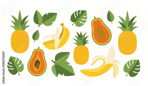 Flat tropical fruit illustration set with pineapple, papaya, and banana