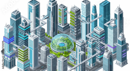 Futuristic cityscape with globe at its center surrounded by skyscrapers.