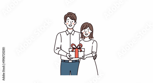 Illustration of a man and woman holding a gift box with a red bow in a simple line drawing style against a white background.
