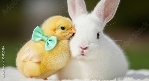 A heart-melting close-up of a tiny yellow fluffy chick snuggling against a soft white baby bunny.  AI generated.
