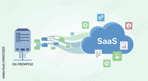 Illustration of cloud computing SaaS integration with on-premise server and various app icons.
