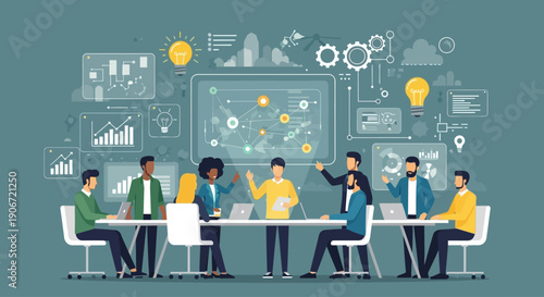 Business team collaborating on project with data charts and ideas in modern office.