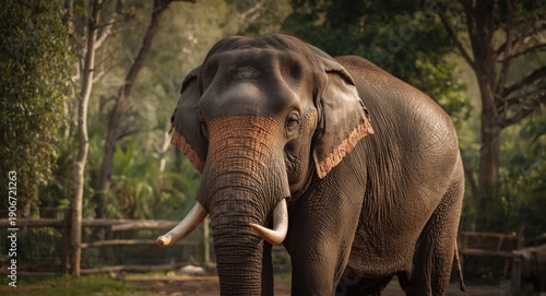 Gentle ancient elephant located within a fenced habitat area