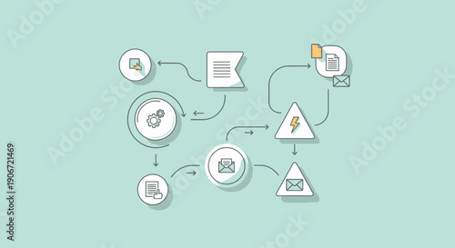 Abstract infographic illustrating a process with connected circular icons and arrows.