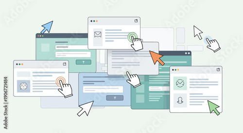 Illustration of multiple web browser windows with cursors interacting on a digital interface.