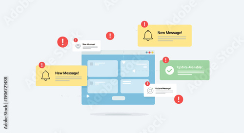 Computer screen displaying multiple notifications and messages with icons.