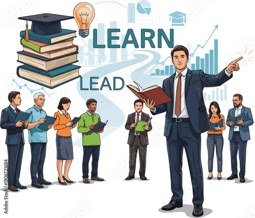Create a realistic Learn and lead concept vector art with white background..