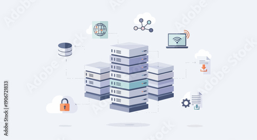 Conceptual illustration of data servers and cloud computing network.