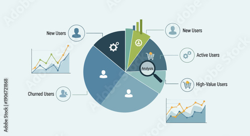 Business data analysis with pie chart and user segmentation graphs.