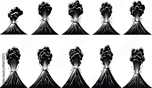 Black and white volcanic eruption illustrations, sequential volcano activity vector artwork, geology educational design collection, natural disaster motif, earth science drawing set