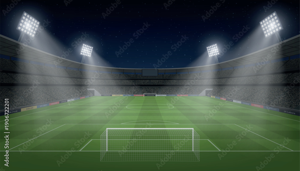 Naklejka premium Empty football stadium illuminated under bright night lights
