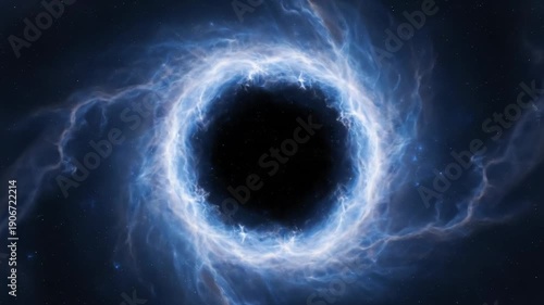 Flying through a swirling blue nebula vortex in outer space with stars.