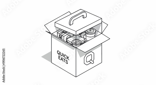 Line drawing of an open cardboard box containing quick eats takeout containers on a plain white background with a minimalist illustration style.