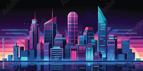 A dazzling neon cyberpunk cityscape at night, illuminated by vibrant lights and reflected in tranquil water below.
