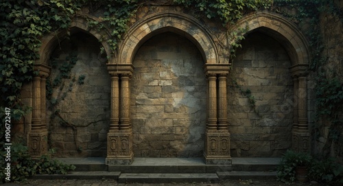 Wallpaper Mural Ancient architectural elements with stone arches, textured vine laden walls and copy space Torontodigital.ca