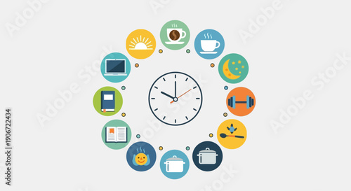 Conceptual illustration of time management and daily routine activities around a clock.