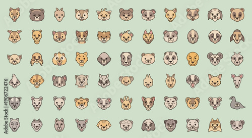Collection of various illustrated dog faces with different expressions and breeds.