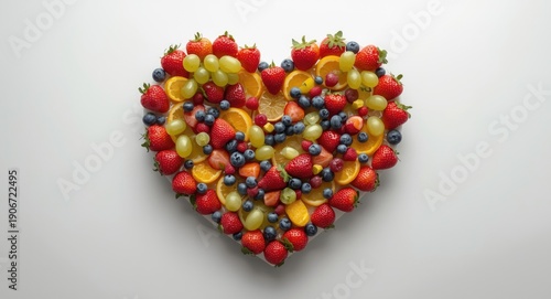 Artistic heart shape of different fresh fruits placed on a white clean surface for dietary concept