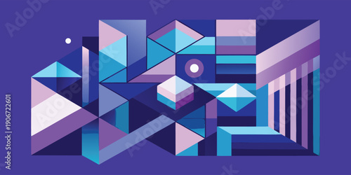 A complex abstract geometric pattern composed of interlocking polygons and shapes in purple and blue hues.
