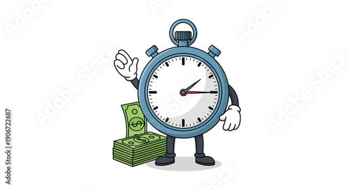 Illustration of a stopwatch character holding money symbolizing time is money concept.