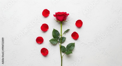 Single Red Rose with Scattered Petals on White Textured Background