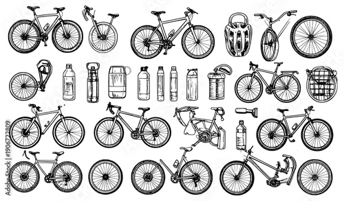 Black and white line art bicycle accessories vector illustration