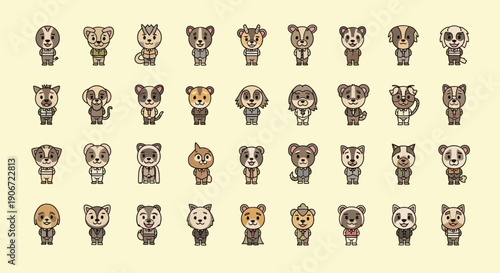 Set of forty unique cartoon dog faces with various expressions and colors.