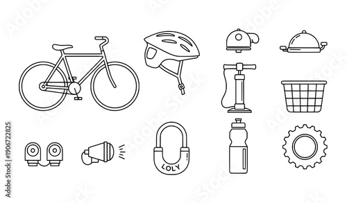 Minimal black and white bicycle line icons set for app and web design