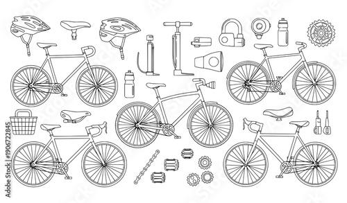 Decorative bicycle accessories line art vector illustration