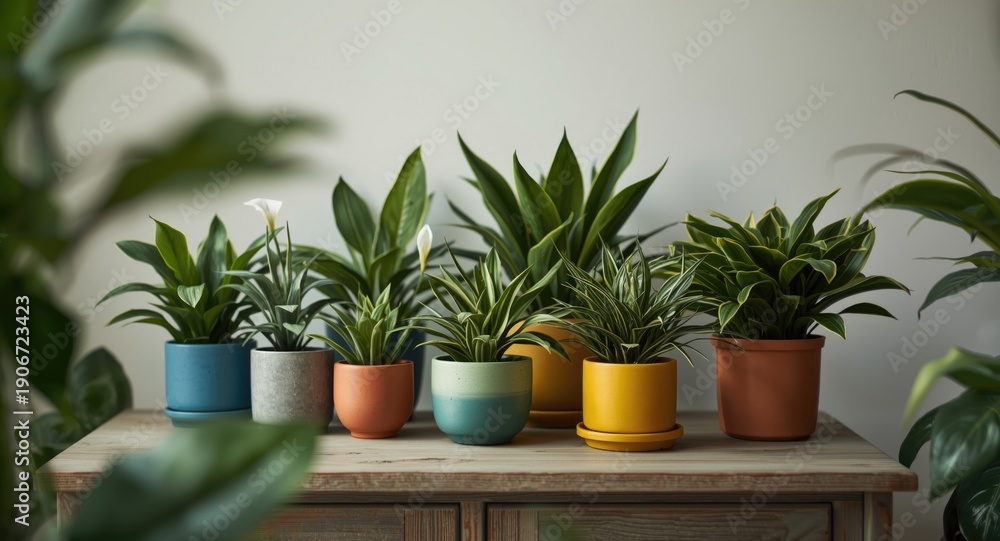 Fototapeta premium Intimate image of a table displaying colorful pots with flourishing houseplants