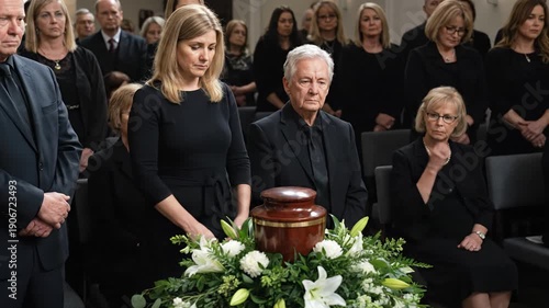 Grieving Family Mourns Loss at Funeral Service with Urn and Flowers
