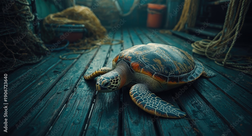 Naklejka premium Captured sea turtle bycatch on fishing vessel deck and copy space for text