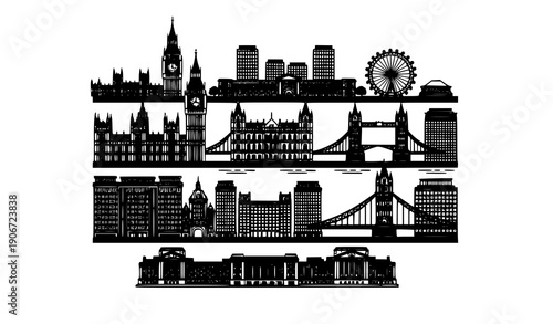 Circular London skyline silhouette vector badge with iconic British landmarks in black and white design