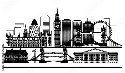 British architecture London skyline vector illustration with famous landmarks in clean monochrome style
