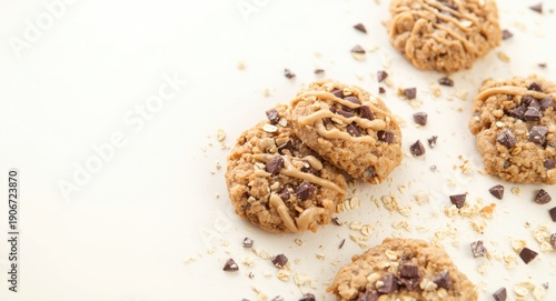 Crunchy no bake oat cookies with chocolate peanut butter and blank copy space