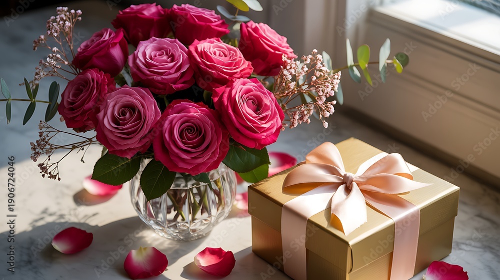 Obraz premium A beautiful bouquet of red roses and a gift box for valentine's day