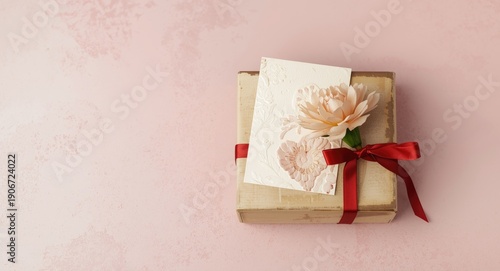 Greeting card placed with vintage gift box adorned with heart ribbon and carnation on pink copy space background