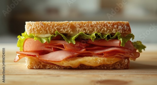 Hearty homemade sandwich open faced with lunch meat and fresh green lettuce