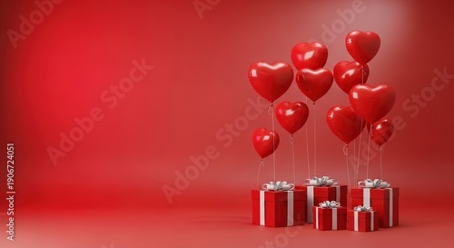 3D Valentine’s Day Red Gift Boxes with Heart-Shaped Balloons on Red Background