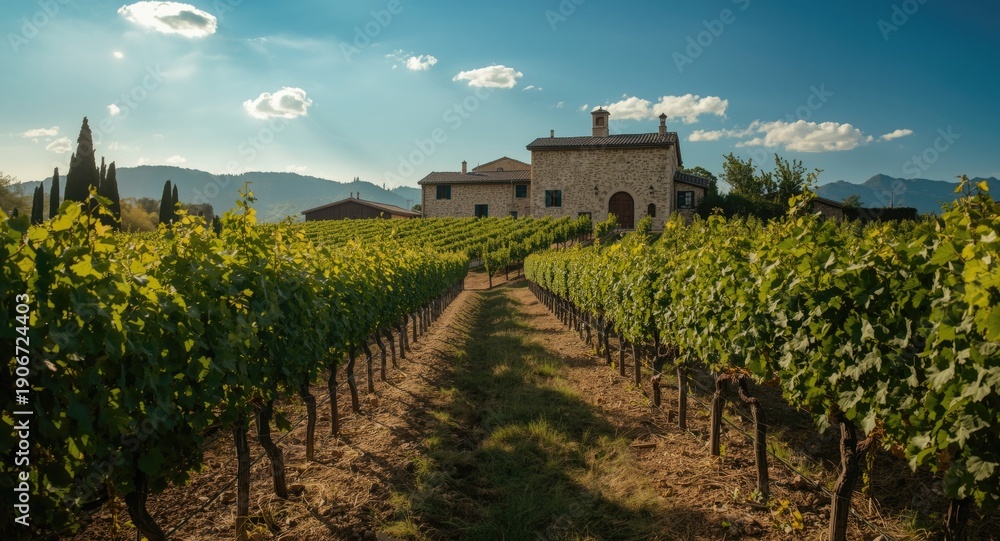 Naklejka premium Bright natural light on historic hillside winery surrounded by regularly planted grapevines
