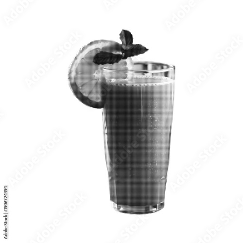 Glass of fresh juice in monochrome halftone style with an apple garnish on the rim. Minimal beverage illustration symbolizing refreshment, health, nutrition, and freshness.