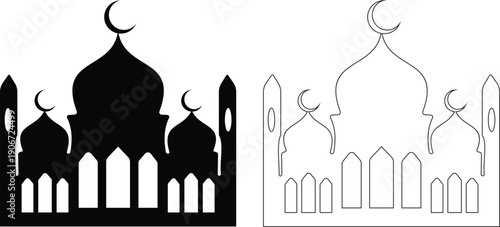 Ramadan mosque silhouette icon set with crescent moon in flat and outline style, Islamic mosque skyline collection, black monochrome vector illustration isolated on transparent background