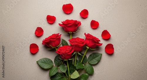 Elegant Red Rose Bouquet with Scattered Petals on Grey Texture