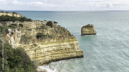 Aerial view of Marinha beach and Mesquita beach. Beautiful beach in the Carvoeiro, in Algarve, Portugal