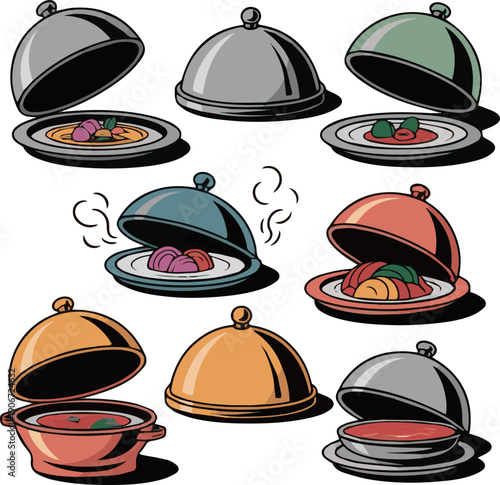 Create a kinds of deferent Opened restaurant cloche vector art with white background..