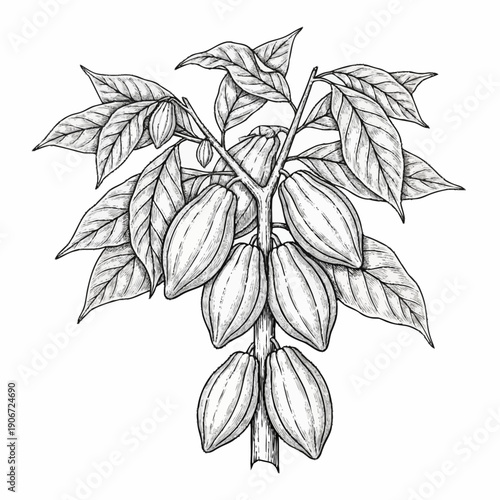 Cocoa pods on a branch with leaves, hand drawn illustration.