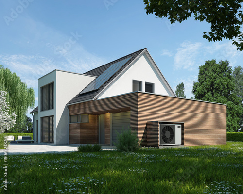 Wärmepumpe an einem Holzanbau eines modernen Hauses