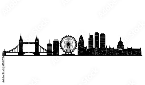 London skyline silhouette vector panorama with iconic landmarks in minimalist black and white cityscape design