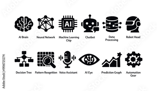 Collection of AI and technology icons representing concepts like neural networks, chatbots, and automation